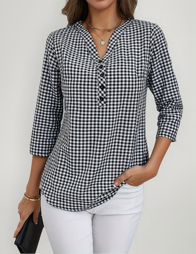 Camisa De Mujer Con Estampado De Cuadros Suave Y Suelta