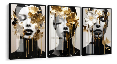 Quadros Decorativos Mulher Flores Douradas Moderno Com Vidro
