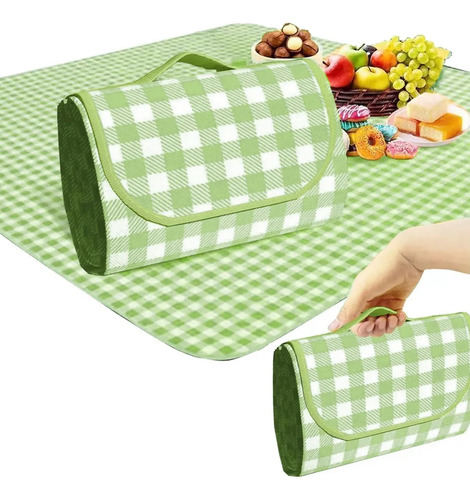 Tapete De Picnic Impermeable Acampar Playa Manta 180x180cm Color Cuadros Verdes Y Blancos