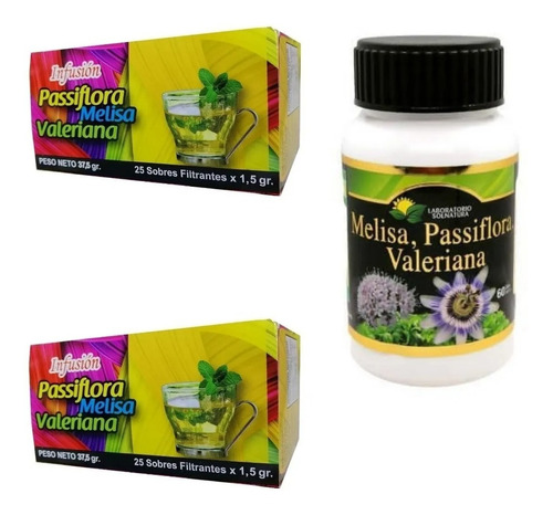 Pack 60 Caps Melisa Passiflora Valeriana  + 2 Te Infusión  