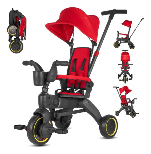 Triciclo Tipo Carriola Plegable Po Reclinable 4 En 1 Ajustab Rojo