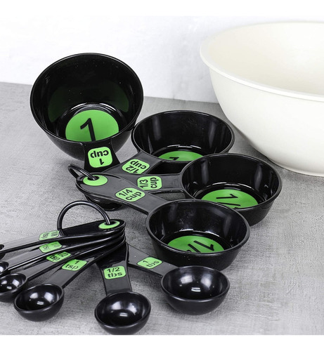 Tazones Cucharas Medición 10 P Chet Craft 1 1/4 xícara 1 1/8 colher de chá de cor preto/verde