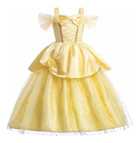 Vestido De Princesa De Rosas Amarillas Para Niñas Con Hombro