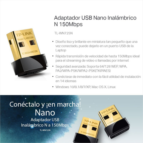 Adaptador De Red Usb Nano Wifi N 150mbps, Tp-link Tl-wn725n