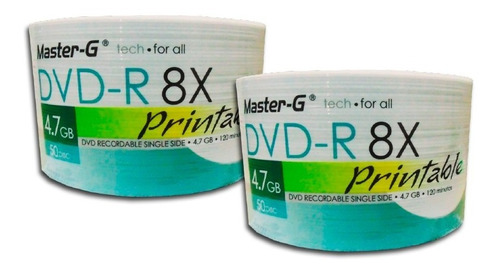 Pack 100 Uni. Dvd-r 4.7gb 8x Master-g Imprimible Full Face