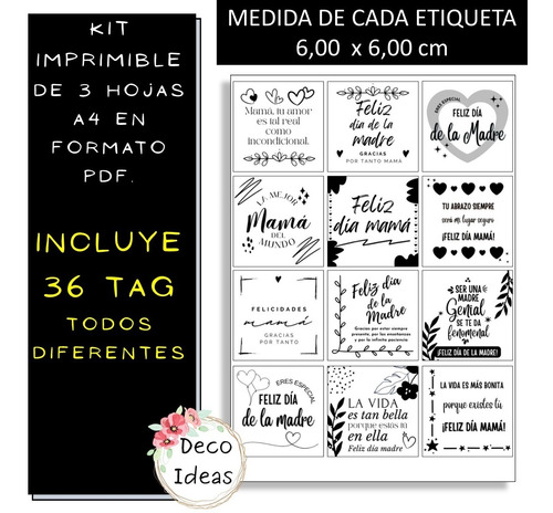 Imagen 2 de 4 de Kit Imprimible Dia De La Madre B N Pdf 02 Tags Etiquetas
