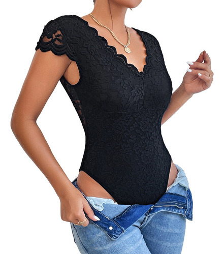 Body Blusa Mujer Elegante Cuello En V Encaje Bordado Floral