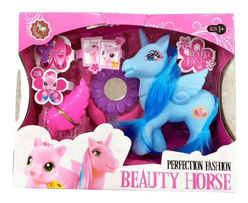 Unicornio Beauty Horse Con Espejo Y Accesorios Celeste