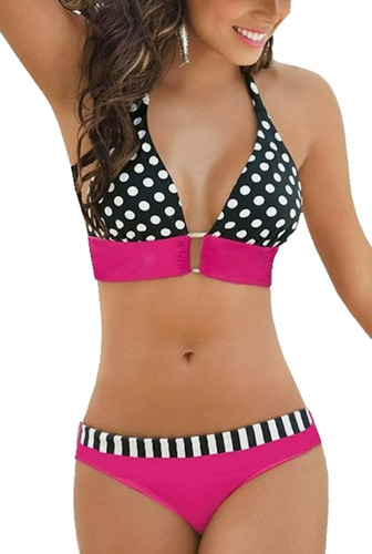 Bikini Fucsia Con Negro Con Lunares Blancos, Solo Talla Sym