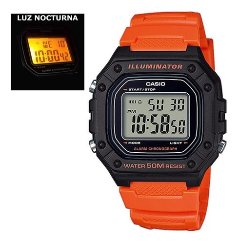 Reloj de pulsera Casio Youth W-218H de cuerpo color negro, digital, para hombre, fondo gris, con correa de resina color naranja, dial negro, minutero/segundero negro, bisel color negro, luz ámbar y hebilla simple