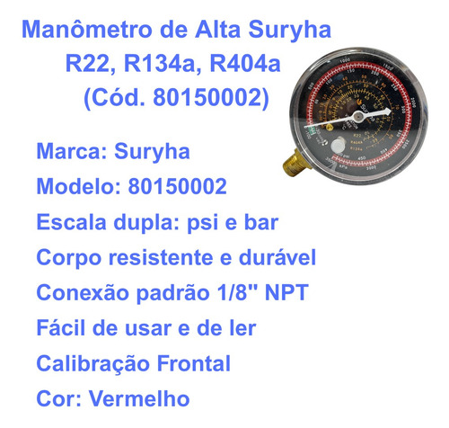 Manometro De Alta R22 R134 R404 Suryha 80150002 P Manifold