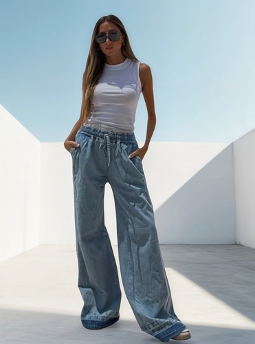 Pantalon Palazo De Jean Con Rayas Al Costado