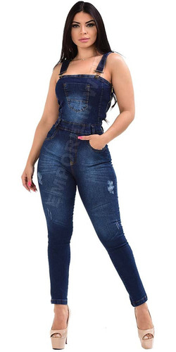 Macacão Longo Jardineira Clássica Jeans Feminina Regata 