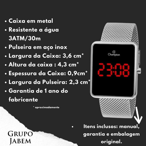 Relogio Feminino Digital Led Vermelho Prata Quadrado Champion Original+nf
