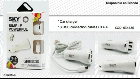 Cargador Carro + Cable Micro 1 Mts Usb X 3 3.4 A Sky