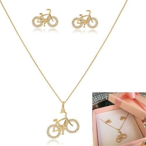 Kit Conjunto Brinco Colar Bike Bicicleta Banho Ouro 18k