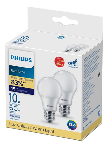  Philips Led EcoHome LEDBulb 10W E27 3000KLV 2PF/12MX 100V - 130V Color de la luz Blanco cálido Unidades por pack 2
