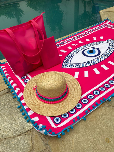 Canga De Praia Estampada Olho Grego Pink Atoalhada Pompom