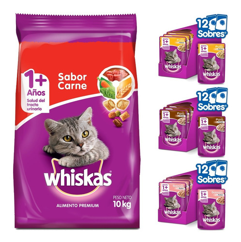 Imagen 1 de 10 de Whiskas Combo Gato Adulto Alimento Carne 10kg + Sobres 36u