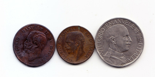 Italia. 5 Cent. 1861. 10 Cent. 1921. 2 Liras 1925. (#).
