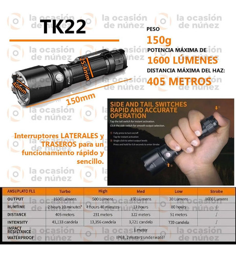 Imagen 2 de 8 de Linterna De Mano Tactica 1600l Fenix Tk22 V2.0 Aluminio 405m