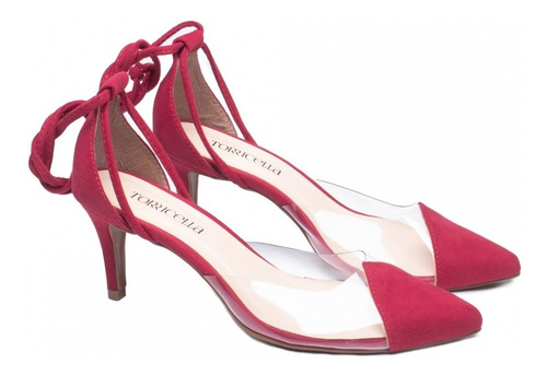 Imagem 3 de 6 de Scarpin Vermelho Com Vinil Transparente Saltinho Fino Baixo