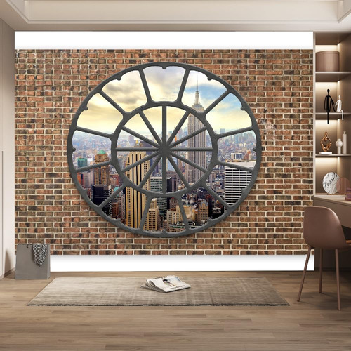 Papel Tapiz Foto Ventana Redonda Vista Ciudad Moderno Mural
