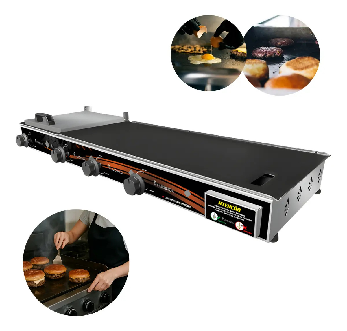 Chapa 100x30cm Para Fazer Lanches C/ Prensa C/ 4 Queimadores