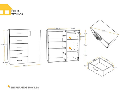 Imagen 5 de 7 de Cómoda 5 Gavetas 1 Puerta Casa Lista® Sueños