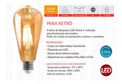 Lâmpada Pera Vintage Retro Filamento LED 4w Luz Âmbar - ESPAÇO LED