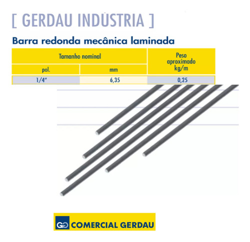 Barra Redonda Ferro Gerdau Astm A36 1/4 - 6,35mm X 60cm 8un