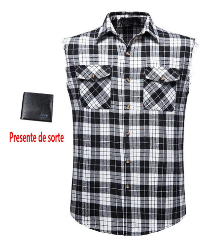 Camisa Casual A Cuadros For Hombre, Doble Bolsillo, Sin