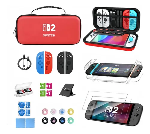 Aiyinsmart estuche kit de accesorios Nintendo Switch 2 funda de viaje cable usb 2 protector de pantalla vidrio con pegatinas antipolvo y toallitas húmedas SMART-20IN1 color rojo