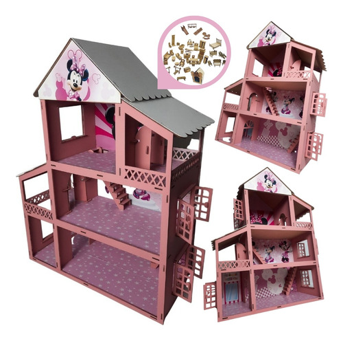 Casa Para Boneca Indicada Para Tema Minnie + Móveis