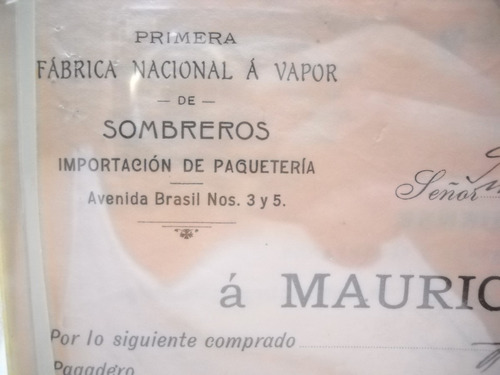 Documento Antiguo Factura Sombrereria Kapelusz 1910 (Usado)