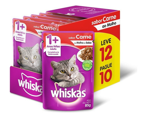 Caixa 12 Sachês Whiskas Carne Ao Molho Gatos Adultos 85g