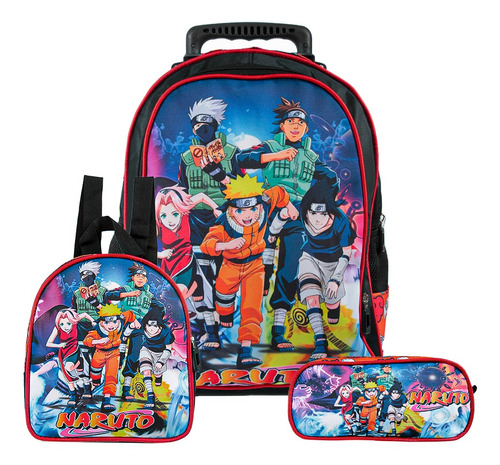 Mochila Escolar Naruto Clássico Rodinha Kit Lancheira+estojo