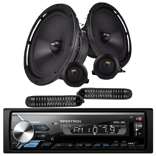 Kit Duas Vias 6 Polegadas Bravox 130w Rms Cs60bk Crossover E Tweeter + Radio Vipertron Som Automotivo Tnt Full