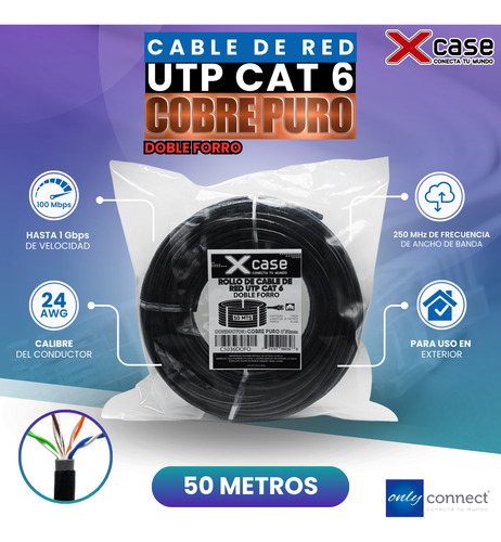 Cable Utp 50m Doble Forro Cat 6 Xcase Cobre Puro