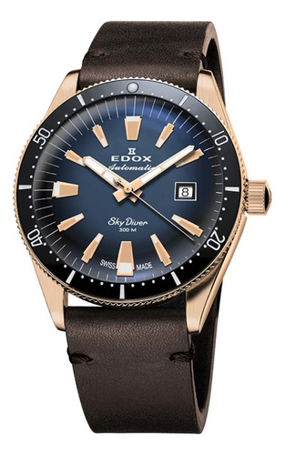 Reloj Edox Skydiver Edición Limitada 80126-brn-buidr Correa Marrón Oscuro Bisel Negro Fondo Azul Acero