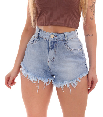 Shorts Feminino Cintura Alta Delave Azul Claro Jeans