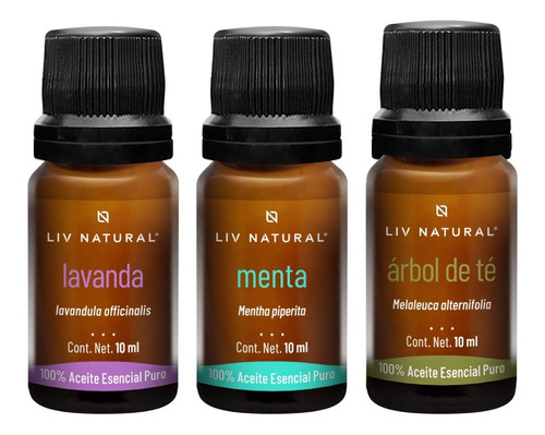 3 Aceites Esenciales Menta, Lavanda Y Árbol De Té 10 Ml C/u