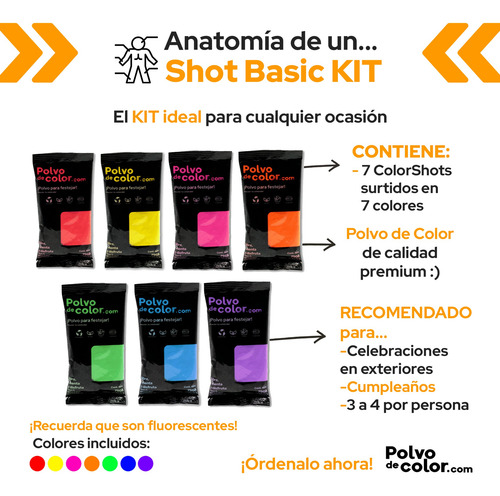 Shot Basic Kit - 7pzs Polvo De Color Polvo Holi Fluorescente