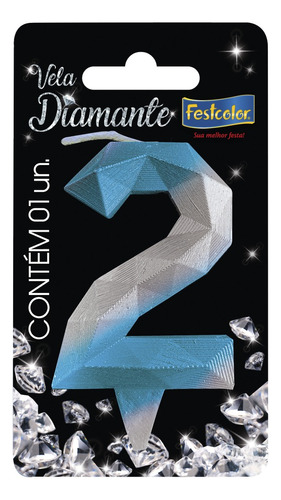 Vela Aniversário Diamante Azul / Prata Número 2 C/1 Unid