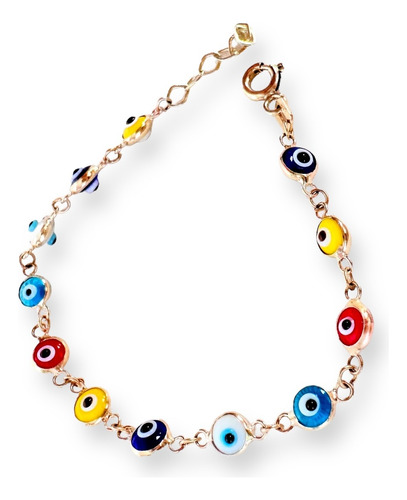 Pulsera Rolo Ojitos Colores Niño 12 - 14 Cm Ojo Turc Oro 10k