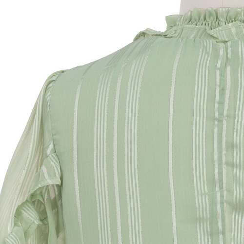 Imagen 6 de 7 de Blusa Vestir Cuelo Alto Rayas Satin Manga Corta Elegante.