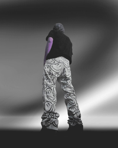 Imagen 3 de 8 de Pantalon Jean Happy Face Grunge Pintado A Mano Caustico T48