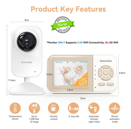 Ebemate Video Baby Monitor Cámara Con Pantalla Lcd De 2.8 V