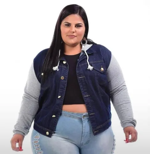 Jaqueta Jeans Feminina Manga De Moletom Plus Size Lan amento
