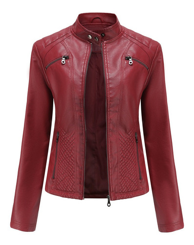 Chaqueta De Cuero Casual Para Mujer Con Cuello Alto, Abrigo